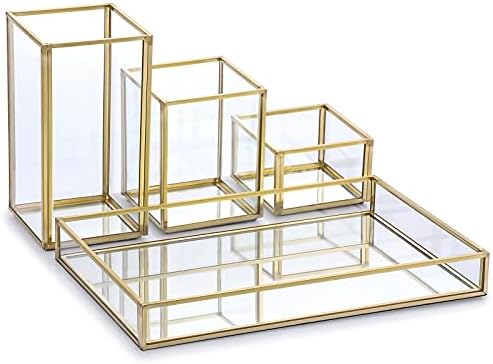 Hipiwe Set of 4 Gold Glass Makeup Brush Holder Organizer with Vanity Tray by Hipiwe