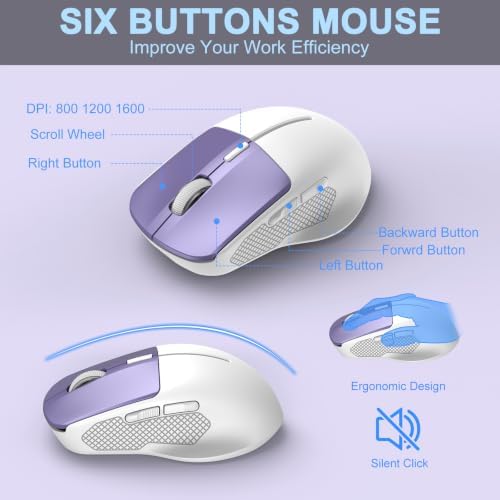 Rechargeable Silent Wireless Keyboard and Mouse Combo, Ergonomic Wrist Rest & Phone Tablet Holder, USB-C Adapter Included, 2.4G Lag-Free Cordless Set for Windows Mac Laptop PC Home Office (Purple) - Image 7