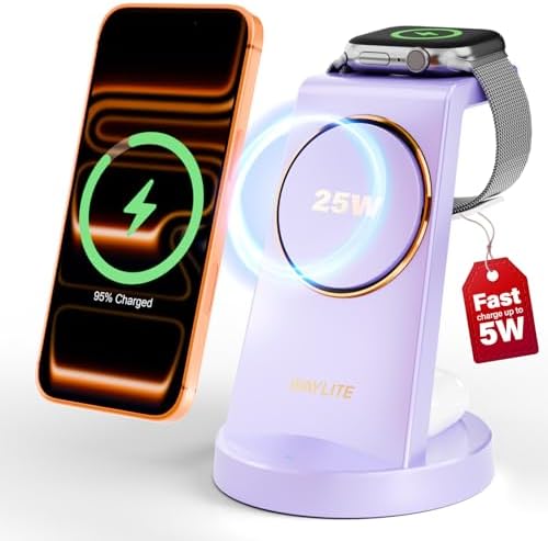 3 in 1 Fast Charging Station for iPhone, 25W Wireless Magnetic Phone Charger for iPhone 17 16e 16 15 14 13 12 Serise, Watch Charger Stand, Wireless Charging Station for AirPods 4 3 Pro, Purple by WAYLITEWirelessCharger