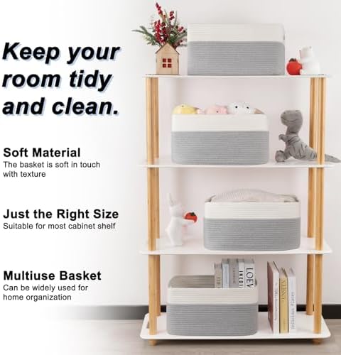 4 Pack Storage Baskets for Organizing, Woven Baskets for Shelves - Perfect for Toys, Books, Towels, and Clothes, Durable Gift Basket Bins Toy Storage, 15.7''Lx11.8''Wx7.8''H, Grey and White - Image 3