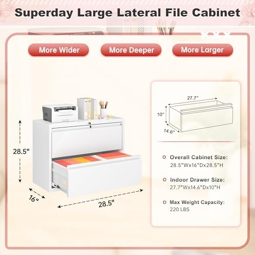 Superday Lateral File Cabinet 2 Drawer Metal File Cabinet with Lock, White Filing Cabinets for Home Office, Locking Filing Cabinets Hanging Files Letter/Legal/F4/A4 - Image 3