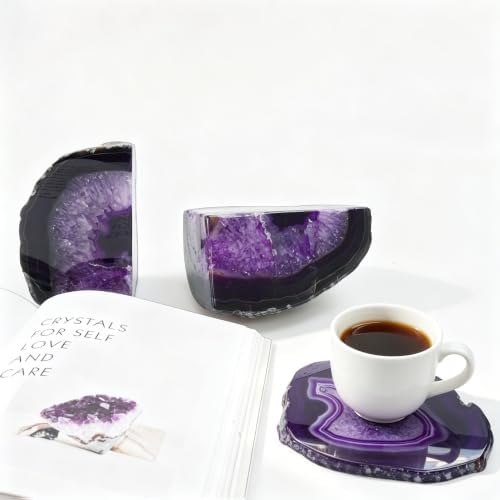 Purple Agate Bookends Set of 2, Heavy Duty Geode Stone Book Ends for Office and Bookshelf, Includes Anti-Slip Rubber Bumpers, Unique Decorative Gift for Home, 3-4 lbs - Image 4