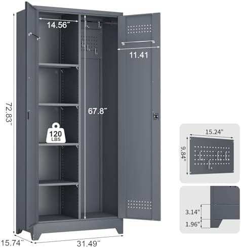 72.8" H Metal Garage Storage Cabinets, Metal Storage Cabinet with Hanging Rod & S-Hooks, Broom Closet Storage with Shelves, Functional Storage Cabinets for Garage, Warehouse, Grey - Image 3