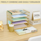 LEKETREE Desk Organizers and Accessories, 5-Tier Paper Letter Tray Organizer with Drawer & 2 Pen Holders, Desktop Organizer for Office Supplies (Gold) - Image 7