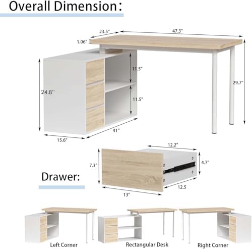 Bobve L Shaped Computer Desk, 47 Inch Home Office Desk with File Drawers & Storage Shelves, Small Corner Computer Desk for Small Space (White + Walnut) - Image 2