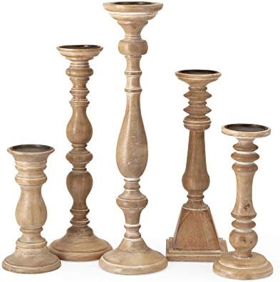 IMAX Mason Natural Wash Wood Candleholders - Set of 5 Vintage Candle Stands - Home Decor Accessory by IMAX