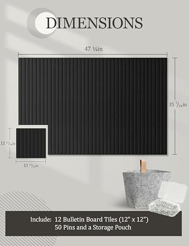 Felt Bulletin Board Tiles 48" x 36", Large Pin Board Wall Organizer Alternative, Self Adhesive Felt Wall Panels with 50 Push Pins & Storage Pouch for Office, Bedroom and Study Room, Black - Image 3