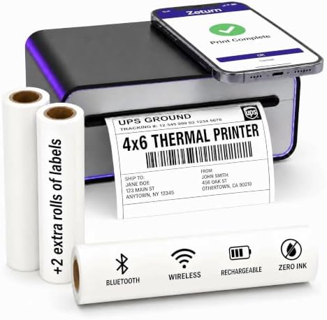 4x6 Thermal Label Printer - Bluetooth, Wireless, 2 Extra Label Rolls by Zeedstar