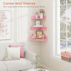 Homode Corner Shelf Wall Mount, Set of 3 Corner Floating Shelves with Cable Hole, 3 Tier Wood Corner Hanging Shelves, Living Room Bedroom Bathroom, Pink - Image 4