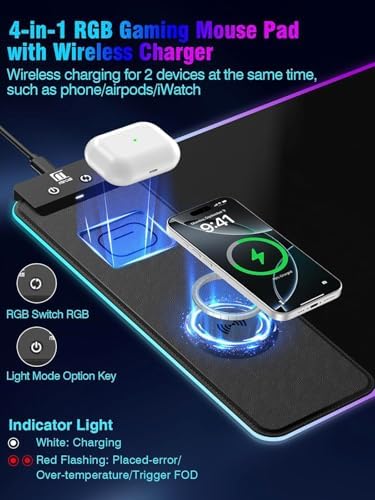 Mouse Pad with Magnetic Wireless Charging, Large Desk Pad Protector, RGB Black Desk Mat with 15W Fast Charger, Non-Slip Waterproof Mousepad for Office Home Gaming - Image 2