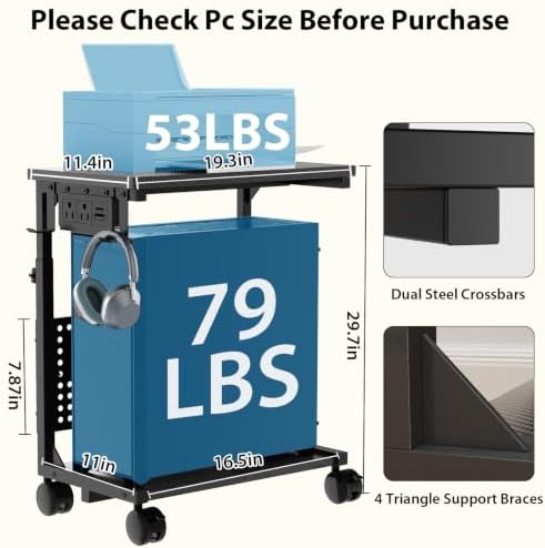 Adjustable PC Tower Stand with Charging Station & Pegboard,Carbon Fiber - Image 3