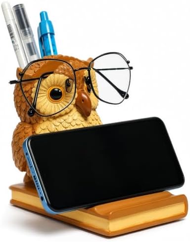 Owly Mate Owl Eyeglass Holder for Nightstand and Desk, Cute Glasses Holder with Phone Stand and Pen Holder, 3-in-1 Desk Organizer for Glasses, Phone & Pens - Gift for Owl Lovers by LebriQ
