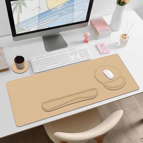 4 PCS Mouse Pad Desk Mat Protector, Keyboard Wrist Rest + Comfortable Mouse Pad Wrist Rest +Coaster, Large Gaming Mousepad for Computer Laptop, 35.4"X 15.7" Deskpad for Office Home I Sand Color - Image 3