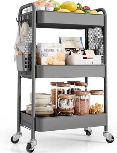 TOOLF 3 Tier Rolling Cart, Metal Utility Storage Cart with Pegboard, Grey by TOOLF