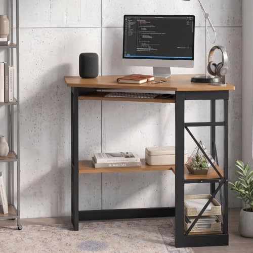 VECELO Corner Computer Desk 41 x 30 inches with Smooth Keyboard & Storage Shelves for Home Office Workstation, Teakwood Brown - Image 6