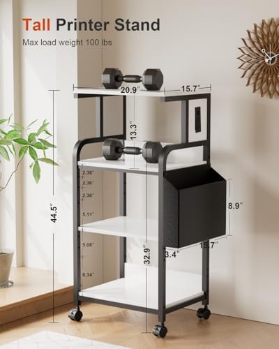 Tall Printer Stand with Charging Station, 4-Tier Mobile Cart, White - Image 2