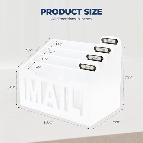 Mail Organizer Countertop, Desktop Mail Sorter with 4 Slots & Labels, White - Image 3