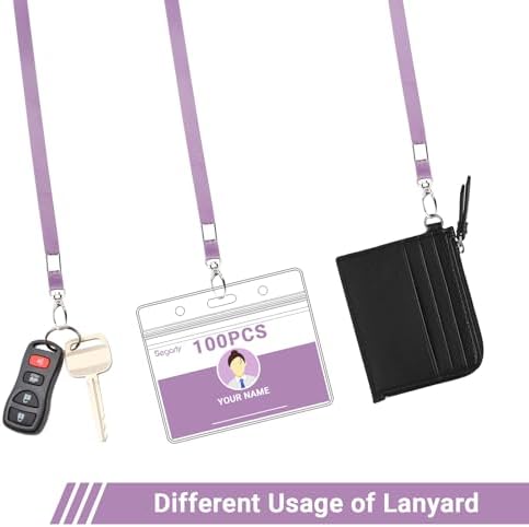 Segarty Lanyards with ID Holder, 100 Pack Horizontal Plastic Name Tags Badge Neck Lanyard Key Card Bulk, Light Purple Strap Clips Clear Ziplock Nametag Holders for Women, Business, Student, Schools - Image 3