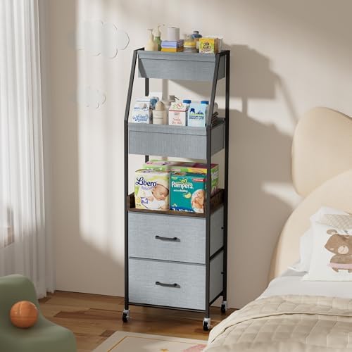 Baby Diaper Caddy Organizer and Storage - 5 Tier Rolling Cart with Dividers and Drawers, Mobile Utility Cart with Wheels for Nursery, Bedroom, Changing Table & Crib - Image 6