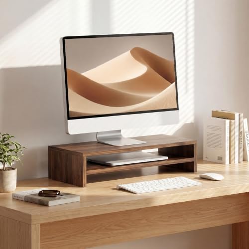 FITUEYES Wooden Monitor Stand Riser, 2-Tier Desk Storage Shelf, Brown - Image 2
