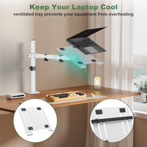 UPGRAVITY White Laptop Desk Mount with Vented Tray for Notebook up to 17 inch, Fully Adjustable Single Laptop Arm Stand Holds up to 17.6 lbs, Clamp on/Grommet Mounting - Image 6