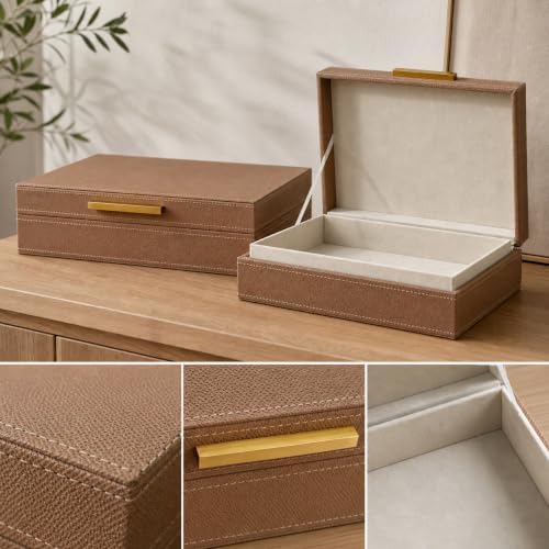 Decorative Storage Boxes with Lids, PU Faux Leather, 2 Pack, Brown - Image 6