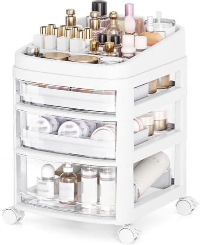 Rolling Cart with 3 Drawers, Clear Plastic Drawer Organizers, Vanity Cart by APEXCHASER