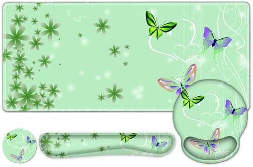 Mint Green Butterflies Florals Mouse Pad, XXL Large Desk Mat Extended Reading Desk pad, 4PCS Non-Slip Rubber Base Computer Big Mousepads for Work, Game, Office, Home Decor Cute Girls Woemn Gifts by NXZGO