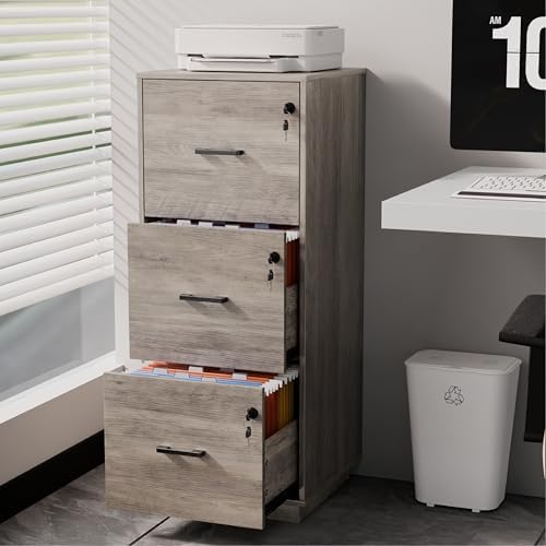 VINGLI 3 Drawer File Cabinet with Lock, Home Office Filing Organizer, for Letter Size File Folder Storage, Wood Tall Vertical Filing Cabinet, Printer Stand, Archivador (Rustic Gray) - Image 2