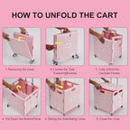 MACOPRO Folding Utility Cart Portable Rolling Crate Handcart Shopping Trolley Collapsible Tool Box, with Lid, Basket on 4 Rotate Wheels, for Grocery, Shopping, Office, Teacher (Pink) - Image 5