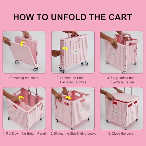 MACOPRO Folding Utility Cart Portable Rolling Crate Handcart Shopping Trolley Collapsible Tool Box, with Lid, Basket on 4 Rotate Wheels, for Grocery, Shopping, Office, Teacher (Pink) - Image 5