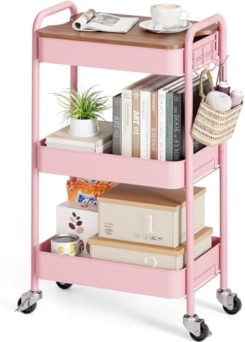 TOOLF 3 Tier Rolling Cart, Metal Utility Storage Cart with Wheels, Pink by TOOLF