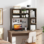 GOFLAME 7 Cubes Desktop Bookshelf, 37” Desk Organizer Shelf with 3 Adjustable Shelves, 3-Tier Wood Countertop Display Rack, Multipurpose Tabletop Desk Hutch for Dorm, Home Office, Gray - Image 2