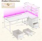 DurayLoly 55''White Desk with 3 Drawers & Shelf, LED, Outlet for Bedroom - Image 2