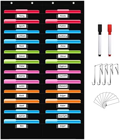 REGELETO 24 Pockets File Storage Pocket Chart with 24 Nametag Pockets, Hanging Wall File Organizer for Classroom and Office, Organize Your Assignments, Files, Scrapbooks, Paper (Black-24 pockets) by REGELETO