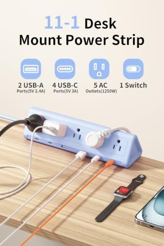 AnnTane Desk Clamp Power Strip USBC, 40W Fast Charging, 6.5 Ft, Blue - Image 3