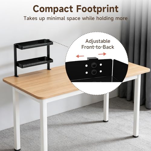 Clamp on Desk Shelf,17'' 2 Tier Office Desk Shelves Organizer with Under-Desk Hidden Storage Basket,Wood Desktop Supplies Storage Rack for Home Workspace, Study Rooms,Gaming Devices (Black) - Image 3