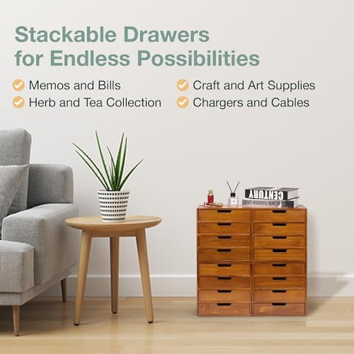 Stackable Modular 4-Pack 16 Drawer Desktop Storage Organizer in Modern Wood Design (20”x7”x 20”) Stackable Drawers For School Office - Crystals, Scrapbook Organization - Declutter Countertop - Image 6