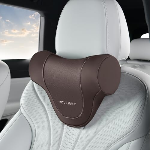 Coverado Car Headrest Pillow, Ergonomic Memory Foam Car Neck Pillow for Driving Seat with Adjustable Strap, Soft PU Leather Breathable Removable Cover Neck Support for Neck Pain Relief by COVERADOAUTO