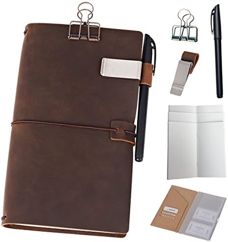 newestor Refillable Leather Journal Travelers Notebook - 8.5 x 4.5 Travel Diary with 5 Inserts + Pen Holder and Binder Clip, Standard Size, Brown by newestor
