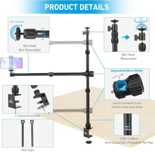 Ailight Overhead Camera Mount Desk Stand, 15.75"-33.45" Webcam Mount with 2-Section Adjustable Telescopic Boom Arm, C Clamp/Swiveling Ball Head for DSLR Camera, Ring Light, Webcam - Image 6