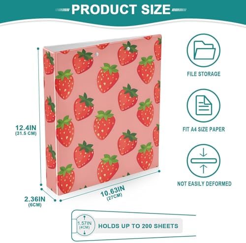 JIPONI 3 Ring Binder Strawberrys Pink Background 1 Inch Round Binders for Men Women Students, Cute File Organizer for Office School, 2 pcs - Image 4