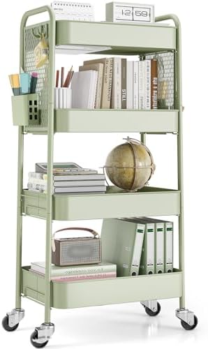 TOOLF 4 Tier Rolling Cart, Metal Utility Storage Cart with Pegboard, Green by TOOLF