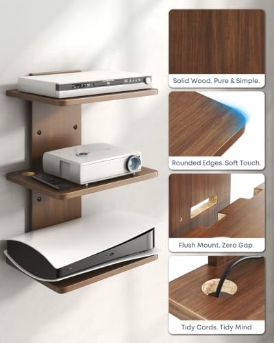 Floating TV Projector Shelf Wall Mount - 3 Tier Wooden Shelf, Walnut Brown - Image 3