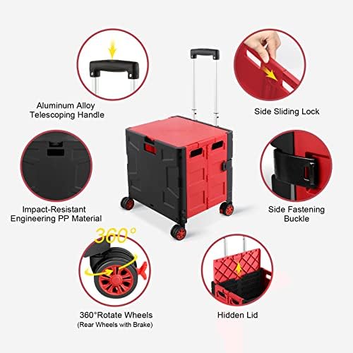 FELICON Folding Utility Cart Rolling Crate Handcart Basket Tote-Red+Black - Image 2