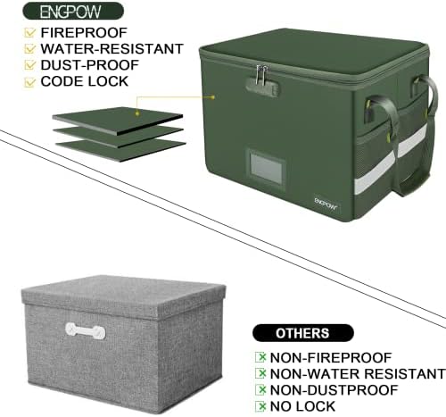 ENGPOW File Box with Lock, Fireproof Document Box with Zipper Lid, Collapsible File Storage Organizer Filing Cabinet with Handle, Portable Home Office Safe for Hanging Letter/Legal Folders, Green - Image 6