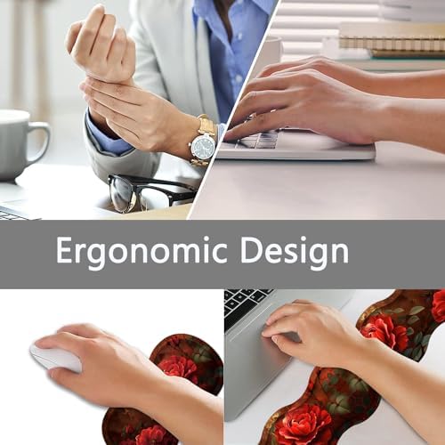 Large Gaming Mouse Pad + Keyboard Wrist Rest + Wrist Support + Coaster Set, Memory Foam Ergonomic for Easy Typing, XXL Extended Gaming Mouse Pad Table Pad - Red Rose - Image 5