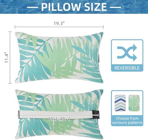 Outdoor Pillow for Chaise Lounge Chair, 2pcs Chaise Lounge Pillows Lumbar Pillows with Insert and Adjustable Elastic Strap for Patio Beach Office Chair, Green Leave - Image 3