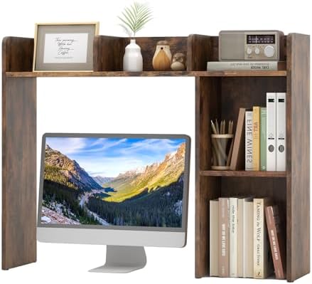 Tangkula Desktop Bookshelf, Countertop Storage Hutch with 5 Shelves for Computer Desk, 3-Tier Display Rack, Multipurpose Wood Desktop Hutch Storage Organizer for Dorm Office, Brown by TANGKULA