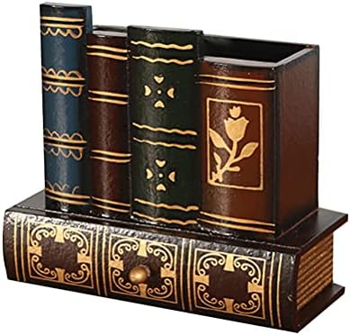 NUOBESTY Retro Pen Cup Holder Book Style Wooden Pencil Organizer Desktop Remote Pen Compartment Stand Home School Office Faux Book Pencil Caddy by NUOBESTY